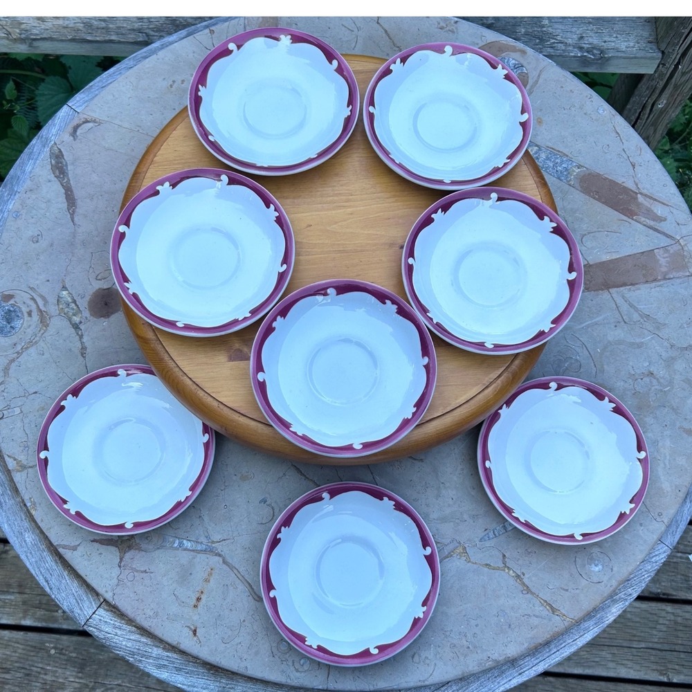Vintage Newport Bordeaux Saucers Maroon Red Scroll Set of 7 Grindley Pottery